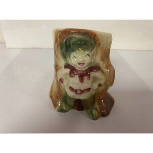 1950’s Pixie Elf Sprite Planter Pot Flower Holder Tree Stump Whimsical Ceramic